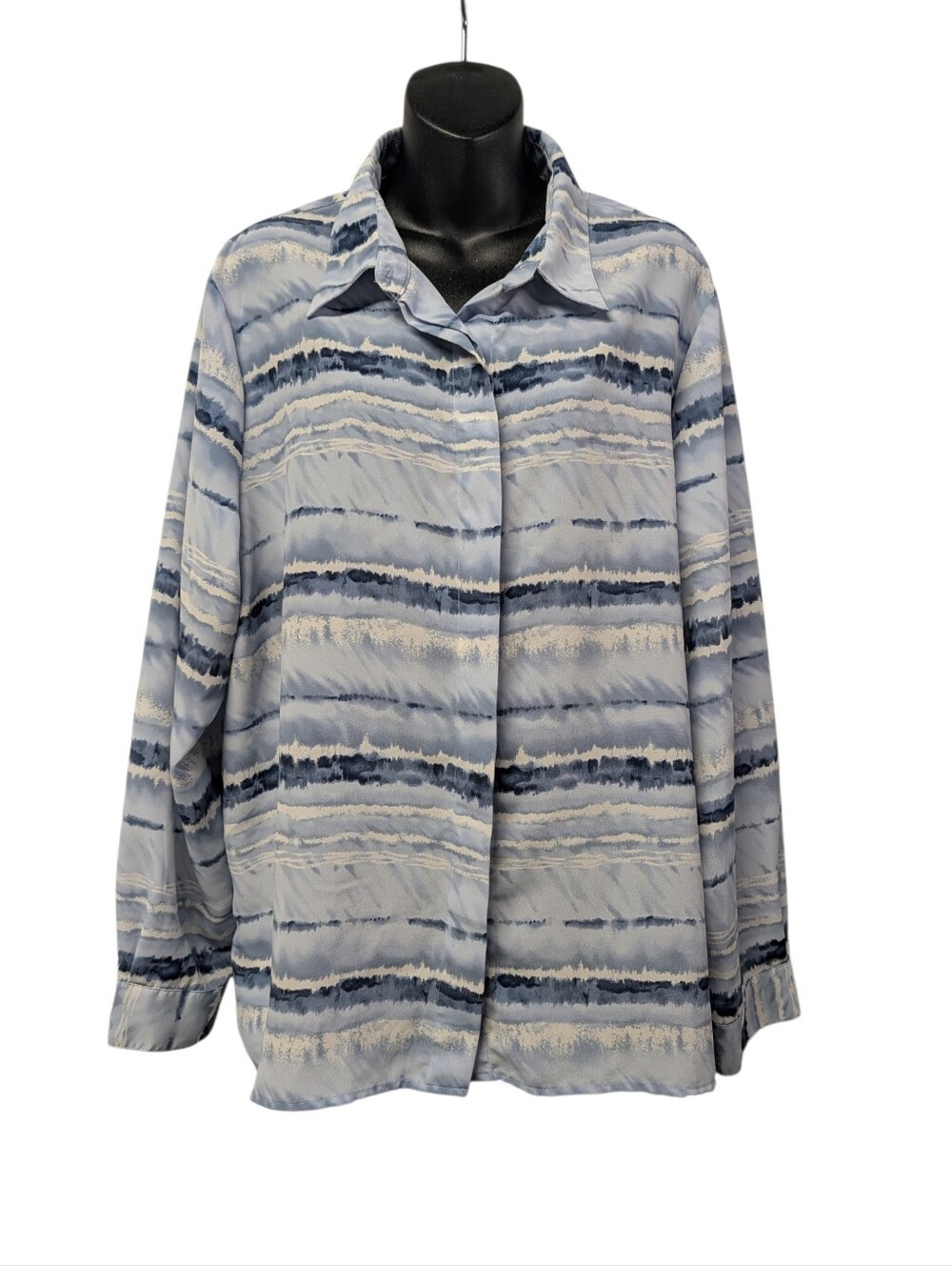 Alfred Dunner Womens Plus 20 Blue Beige Striped Collared Button-Up Blouse